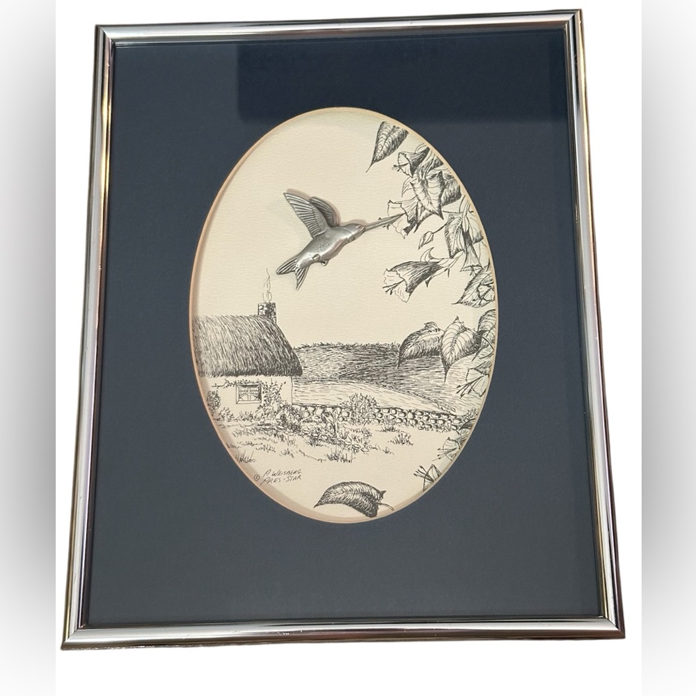 Hummingbird & Print Cottage Scene Art Framed - Cast. 3D Pewter